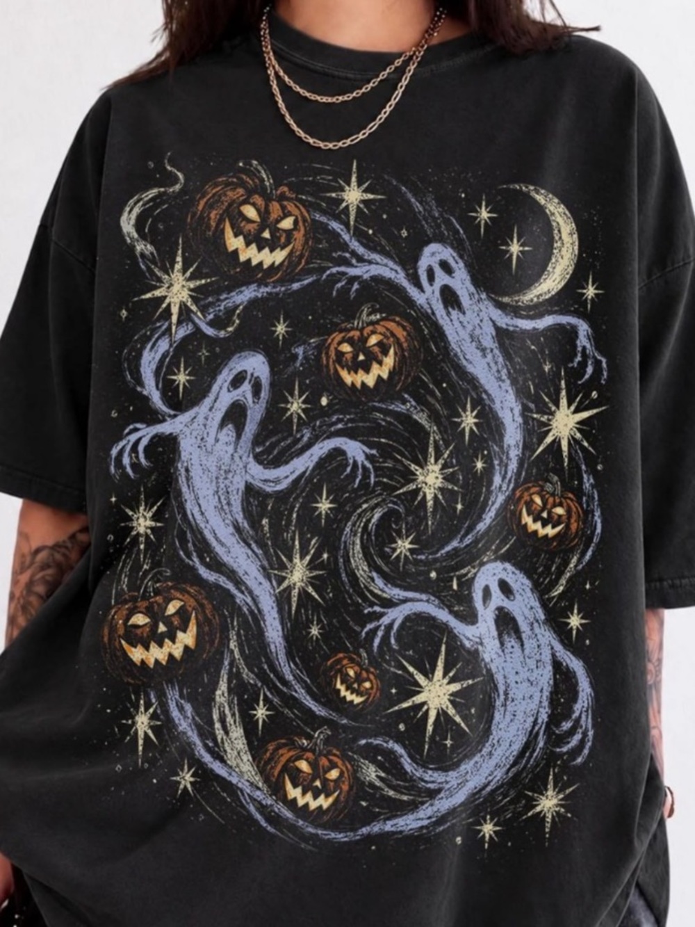 Black Halloween Ghost & Pumpkin Graphic Tee - Women’s Shirts & Tops
